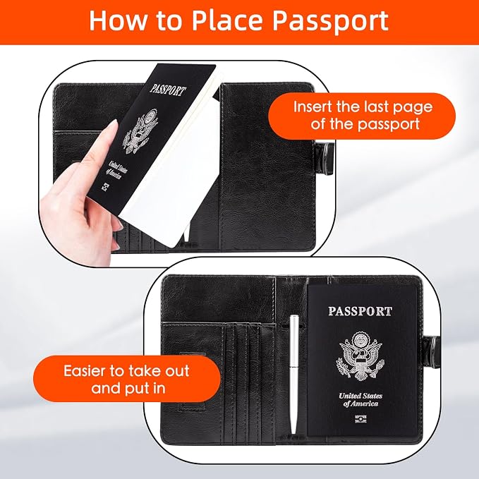 WALNEW Passport Holder for Travel, RFID Passport Wallet, Travel Essentials | PU Leather Passport Cover Case with Pen Holder, Travel Must Haves Accessories, Passport Book Holder for Women Men