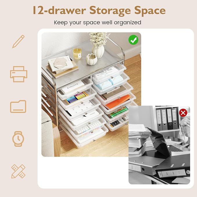 COSTWAY 12-Drawer Rolling Storage Cart, Utility Storage Organizer Cart | For Tools, Scrapbook, Paper, Craft, Multipurpose Art Supply Organizer on Wheels for Home Office School, Teacher, Clear