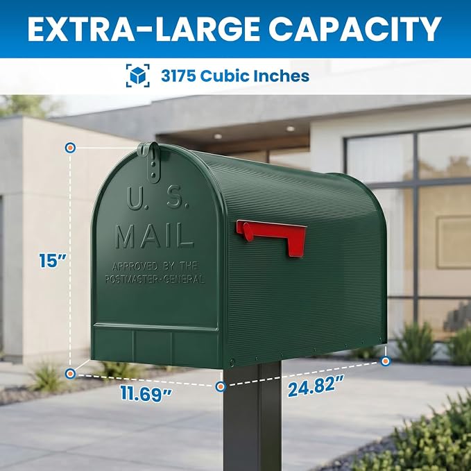 Plexon Jumbo Size Rural Mailbox, 3175 cu-in Capacity, Galvanized Steel, Powder-Coated, 15 in. H x 11.69 in. W x 24.82 in. L, Green, Extra Large