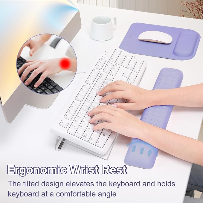 MOSISO Keyboard Stand&Wrist Rest Support for Keyboard &Mouse Pad Set | Ergonomic Massage Wrist Rest Set, Easy Typing Working Acrylic Clear Stand for Office Home, Purple