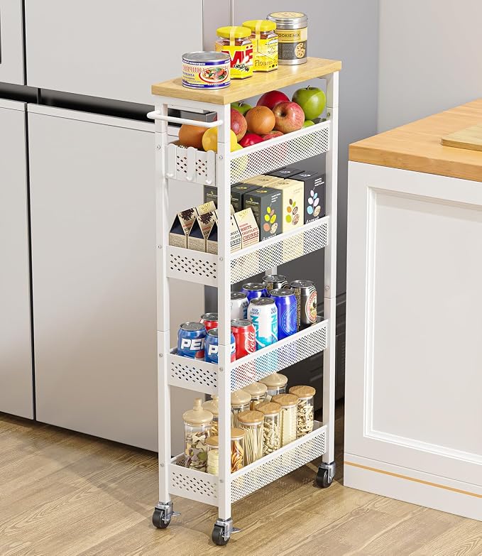 Slim Storage Cart 5 Tier Narrow Kitchen Rolling Cart on Wheels for Small Space, Metal Utility Cart Narrow Bathroom Storage Cabinet Mobile Shelf Unit Organizer with Wood Top and Handle, White