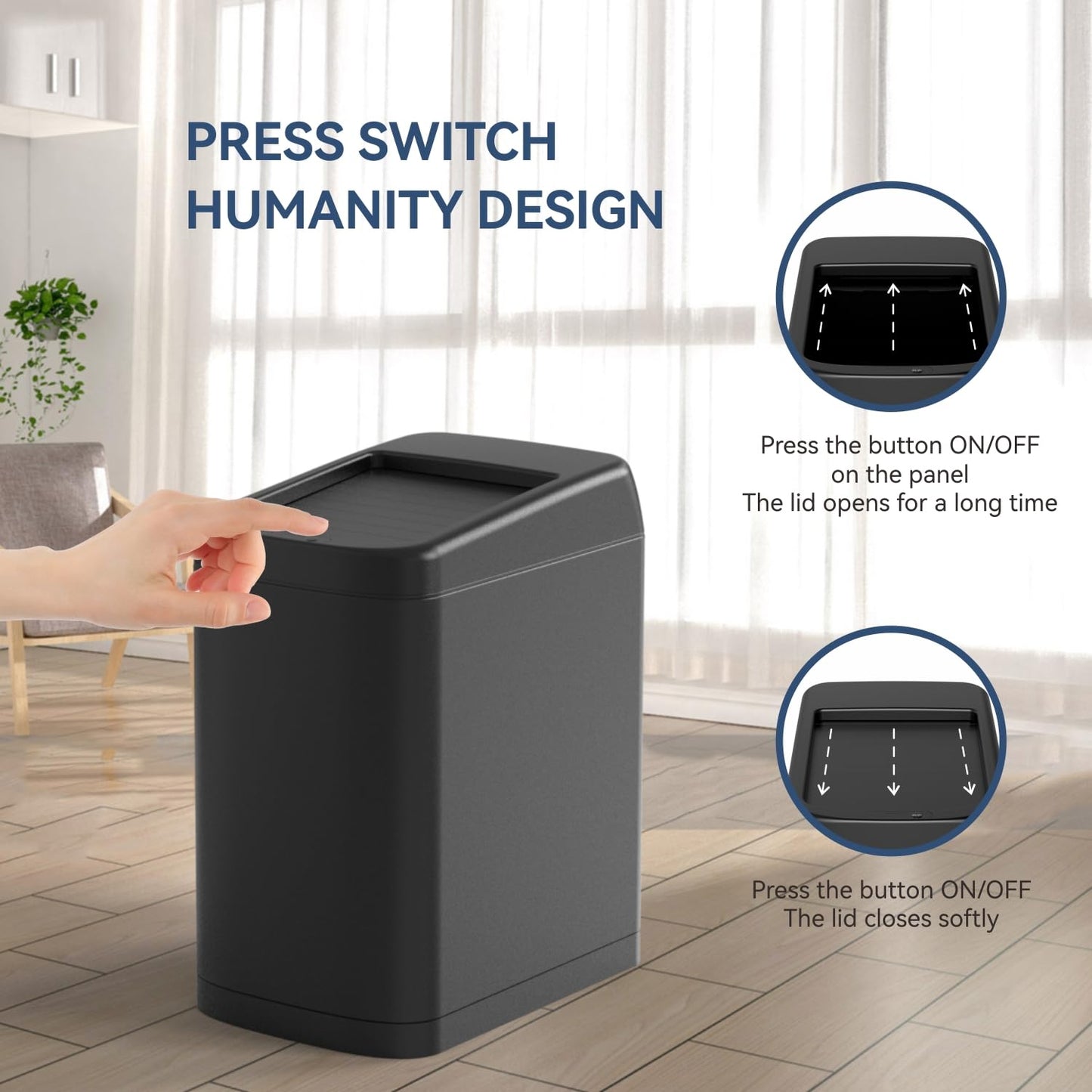 ELLO&ALLO Garbage Can Motion Sensor Trash Can 13 Gallon for Kitchen with Roll Up Lid, Automatic Touchless High-Capacity Black Waste Bin
