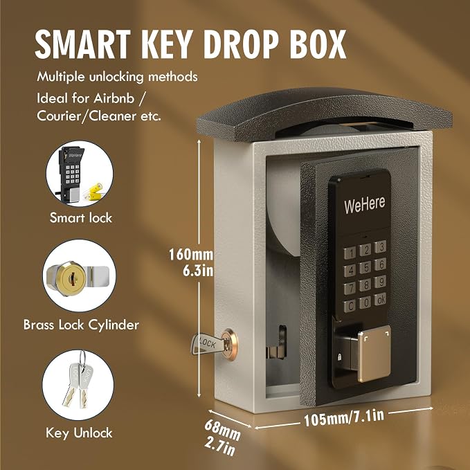 WeHere Key Lock Box Wall Mount with Key Drop Slot, Smart Digital Lockbox, OTP/APP Bluetooth/Wi-Fi/Fixed Code/Key Unlock, Key Safe Security Storage for House Outside, Realty Business, Apartment, Store