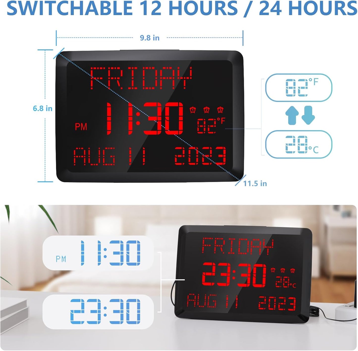 Raynic Digital Clock, 11.5" Large Display Digital Calendar Clock with Day and Date, Indoor Temperature, Adjustable Brightness, Snooze,12/24H, DST for Home, Office, Elderly