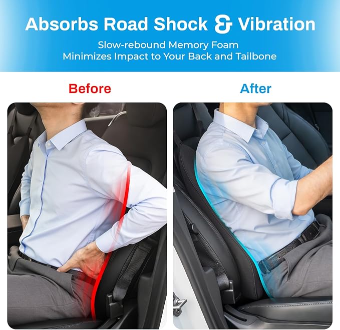 Lumbar Support Pillow for Car – Memory Foam Whole Back Relief | Adjustable Straps, Washable Cover, Anti-Slip – Daily Commute & Long Trips – 16.9"x20.9"(2.4" Thin) – Trusted by Pro Drivers