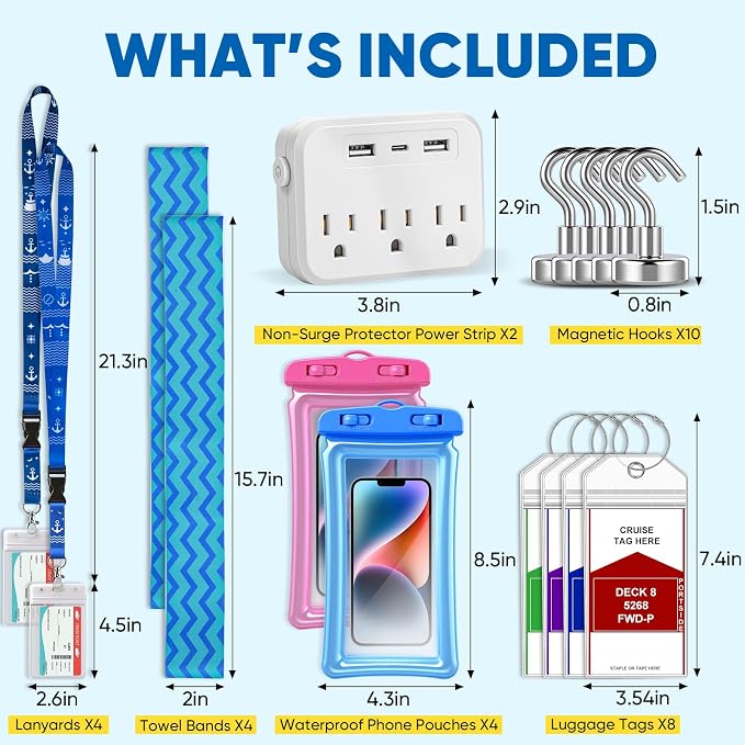 2set Cruise Essentials 2026,Cruise Must Haves Kit,Non-Surge Protector Power Strip,Magnetic Hooks,Lanyards,Luggage Tags,Towel Bands,Waterproof Phone Pouches,Travel Essentials