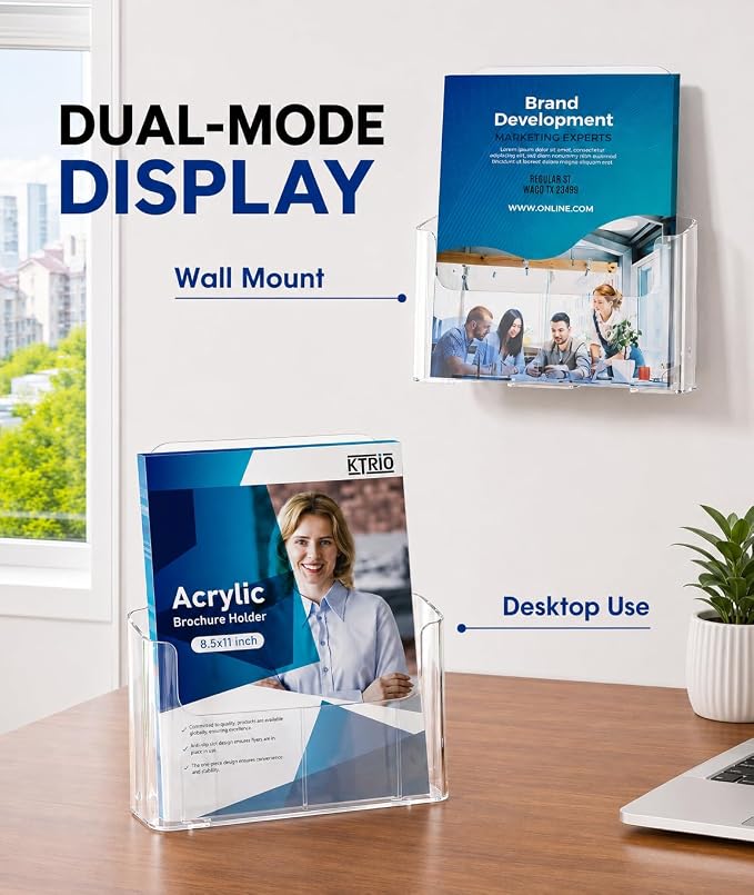 KTRIO Acrylic Brochure Holder 8.5 x 11, 2 Pack Literature Display Stand | Desktop/Wall-Mount, Clear Plastic Flyers Holder Fits 8.5" Wide Magazines, Pamphlets, Documents, Booklets, Journals, Menus