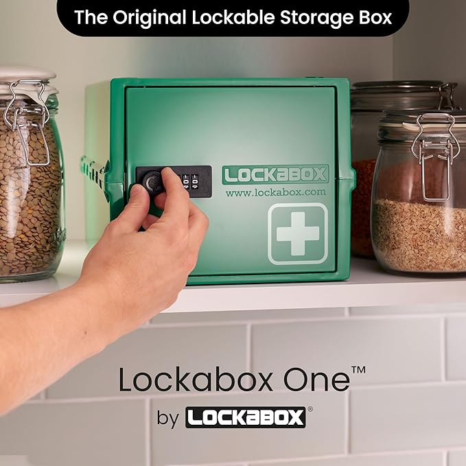 Lockabox One™ | Premium Medicine Lock Box | Medium Medication Lock Box With Code For Medicines, Vitamins & Supplements | External Size 12 x 8 x 6.6 inches (Medi Green)