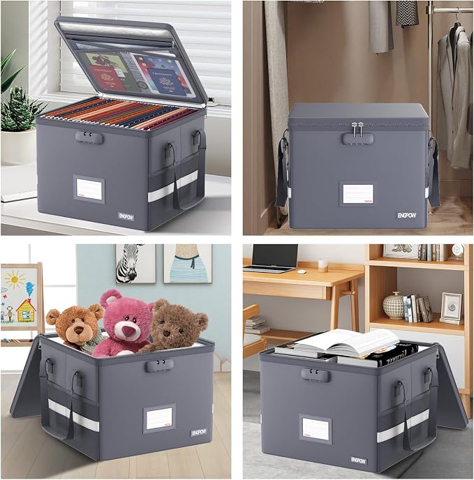 ENGPOW 5200°F File Box Fireproof Document Box with Lock,Heat Insulated Collapsible File Storage Organizer Box with Handle,Portable Home Office File Cabinet for Hanging Letter/Legal Size Folder, Gray