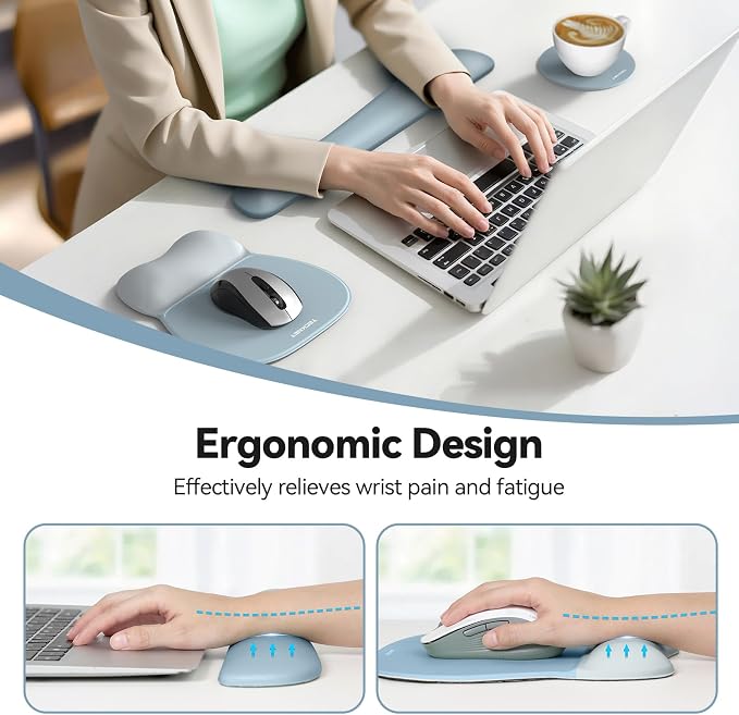 TECKNET Gel Ergonomic Mouse Pad & Keyboard Wrist Rest & Coaster | 3 in 1 Set, Pain Relief, Milk Silk Cloth, Non-Slip PU Base, Easy Typing, Memory Foam Wrist Support for Office & Home