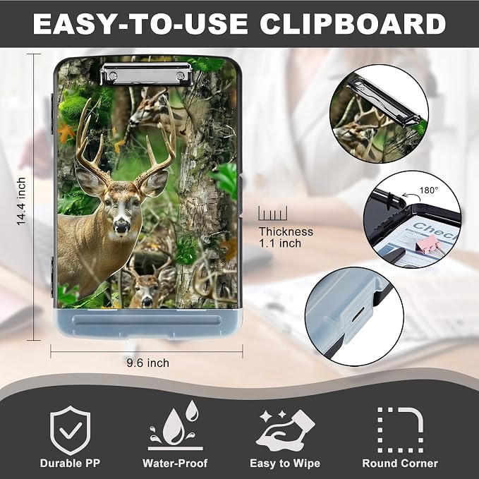 Clipboard with Storage,Storage Clipboard with Pen Holder,Heavy Duty Plastic Storage Clipboard with Low Profile Clip,Teacher Must Haves,Clipboard Folder,Office Supplies,Deer Forest -1350
