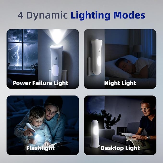 ROSSEX 4 in 1 Emergency Lights for Home Power Failure, 1 Pcs Rechargeable LED Flashlight Plug in Wall, Automatic Turn-On Power Outage Night Light Flashlight for Hurricane Preparedness Items