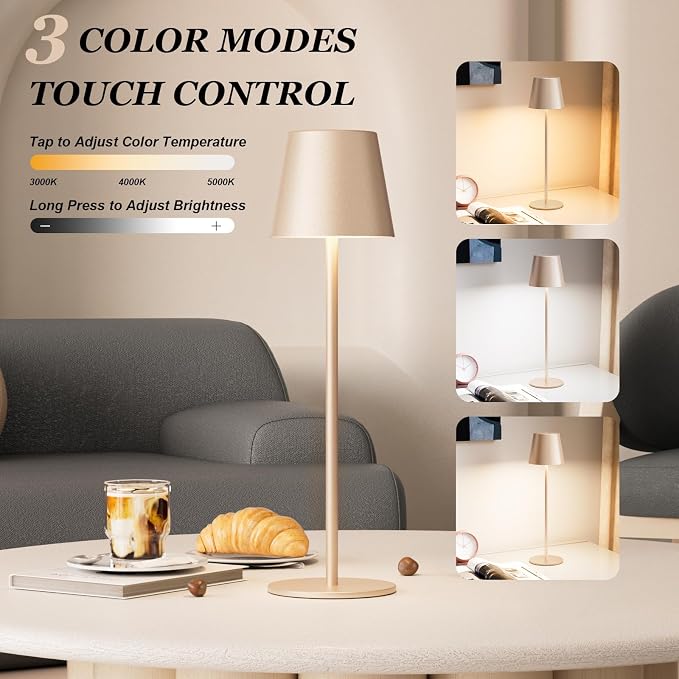 Kakanuo Champagne Gold Cordless Table Lamp Rechargeable - 2 Pack Battery Operated Lamp for Counter, 3 Color Stepless Dimming Wireless Lamp for Dining Kitchen, Outdoor Patio, Touch Control