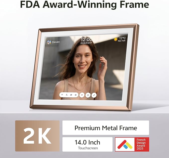 ARZOPA 2K Digital Picture Frame 14 Inch Free Cloud Storage No Subscription QHD Anti-Glare Touchscreen Metal Frame Load Photos Videos from Phone Ideal for Gifting - D14Pro Mocha Brown