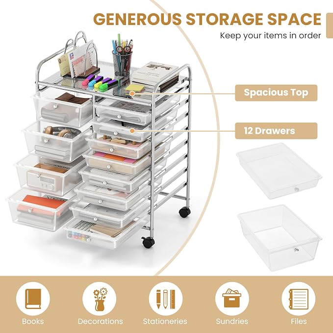 COSTWAY 12 Drawer Rolling Storage Cart, Utility Cart with Metal Frame | Mobile Art Supply Craft Organizer, Multipurpose Storage Organizer for Paper, Office, School Teacher, Classroom, Transparent