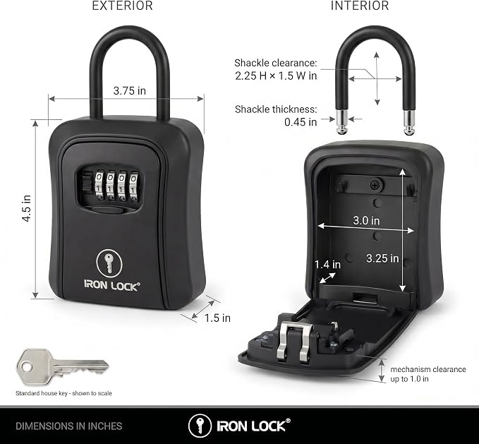 Iron Lock® Medium Key Lock Box with Code, U-Shackle Opens Fully Out (Black) | Built-in key hooks + catch tray; hangs on handles, gates, fences or a hasp; wall-mountable; dial cover; no batteries