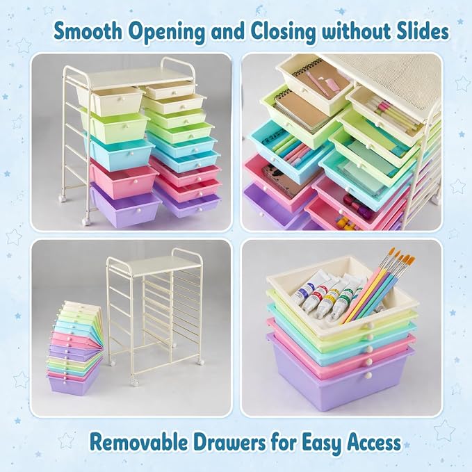 RELAX4LIFE 15 Drawer Rolling Storage Cart, Classroom Organization for School Teacher Office, Mobile Craft Art Supply Organizer, Utility Carts on Wheels for Paper Tools Scrapbook (Ice Cream Multicolor)