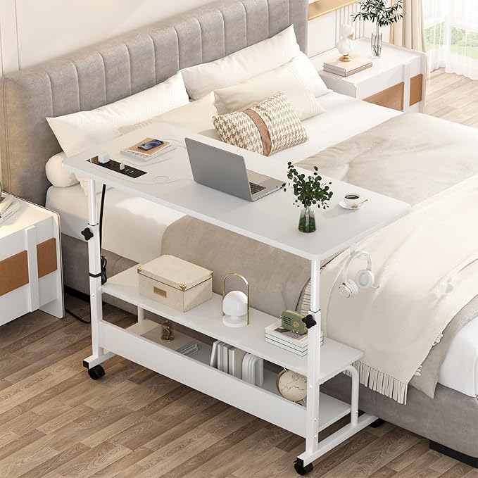 Armocity Height Adjustable Standing Desk with Power Outlets, 39" Manual Stand Up Desk with Storage Shelves Small Mobile Rolling Computer Desk Portable Laptop Table with Wheels for Home Office, White