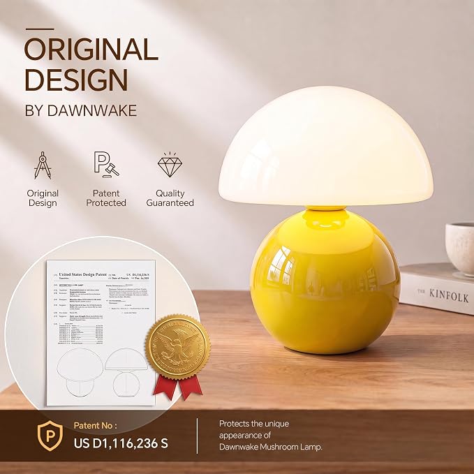 Mushroom Lamp Table Lamp for Bedroom-Small Desk Table Lamps,Yellow | 8.7" Mid Century Modern Table Lamps for Living Room Bedroom Decor,Cute Ceramic Lamps for Mushroom Home Room Decor,Glass Shade