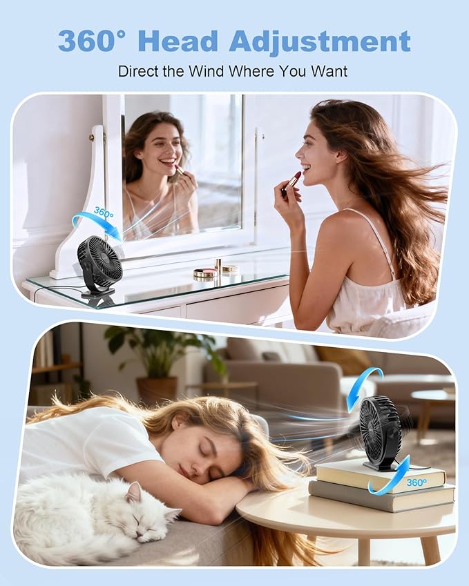 TriPole USB Desk Fan Small Portable, 360° Rotation Quiet Mini Personal Fan | Black, 3 Speeds Plug In USB Fan, Desk Fans Small Quiet, 4.9ft Cable, Strong Breeze for Desktop Bedroom Office Table Travel