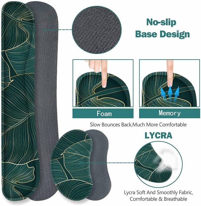ToLuLu Extended Gaming Mouse Pad, Ergonomic Keyboard Mouse Wrist Rest Set | Large Desk Mat with Stitched Edges, Non-Slip Base Memory Foam Mousepad Support for Home Office Game, Green Golden Leaves