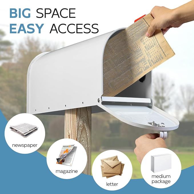 BlissBoard Metal Mailboxes Post Mount, Galvanized Steel Outside Mail Box, Standard Medium Capacity, 20 x 8.7 x 6.7 Inches, White