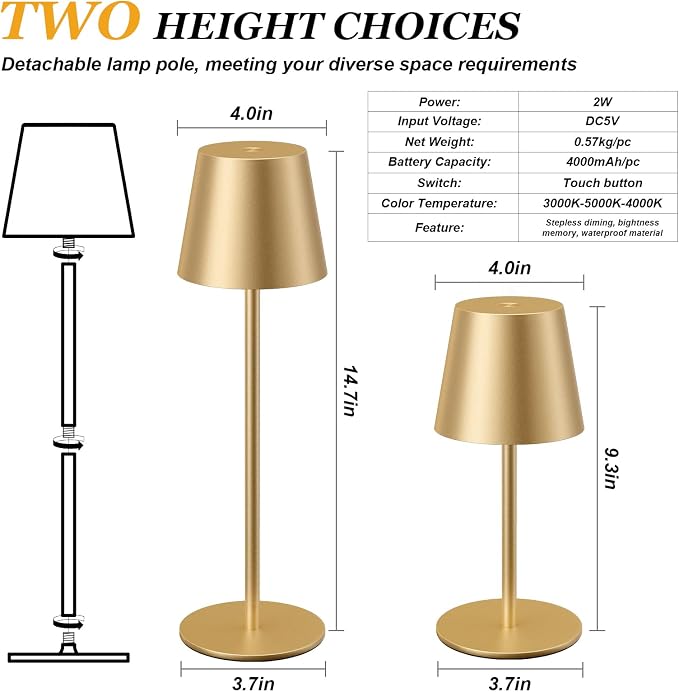 Kakanuo Cordless Table Lamp Rechargeable Gold - 4 Pack Battery Operated Lamp for Dining Table, 3 Color Stepless Dimming Wireless Lamp for Counter, Outdoor Patio, Touch Control