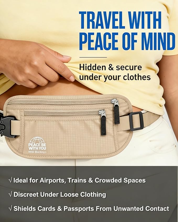 Money Belt for Travel, Passport Holder, RFID Blocking, Sweat-Proof, Beige | 3rd Gen Hidden Waist Wallet Anti Theft to Protect Cash, Credit Cards and Documents Under-Clothes for Men & Women, Bamneat