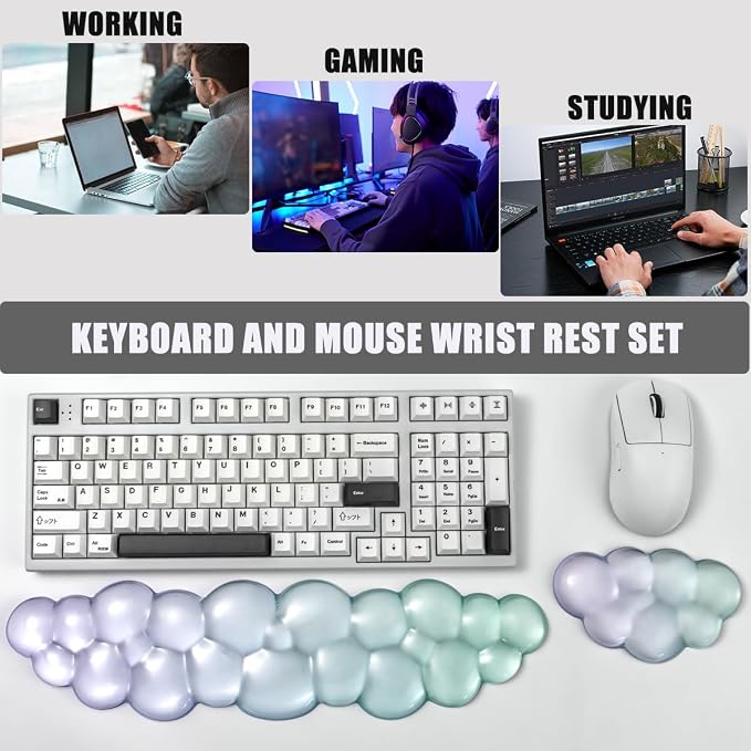 Gel Keyboard and Mouse Wrist Rest Set – Clear Cloud Wrist Rest for Computer Keyboard 60%/68%/75%, Comfort & Support for Typing and Gaming(Purple Green)