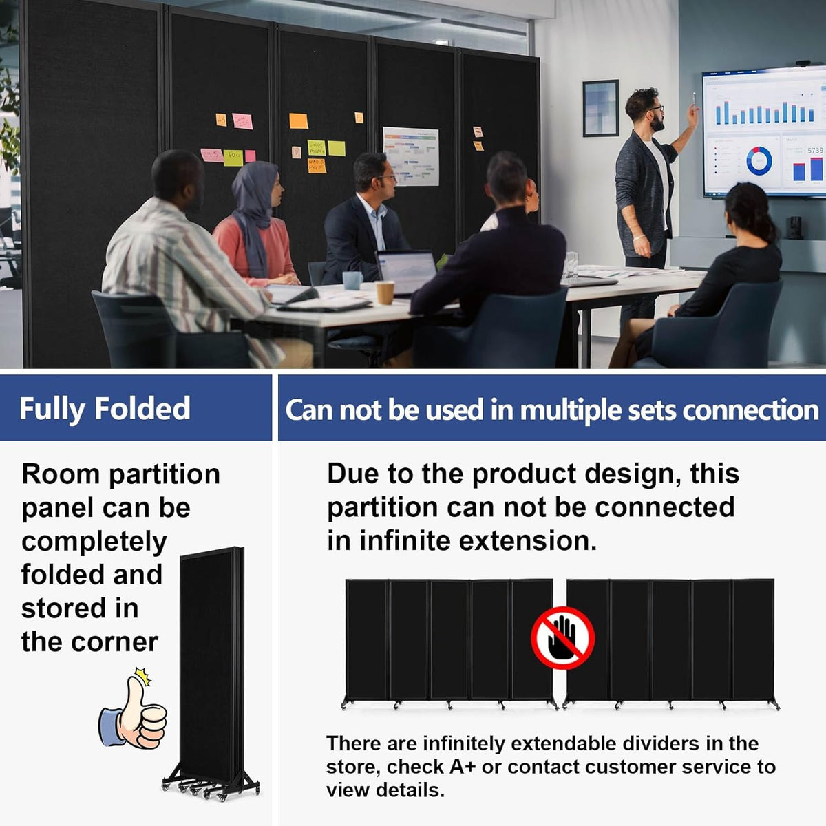 Folding Room Partition, Office Partition Dividers, Privacy Divider Wall, Office Divides, 10'6"W x 6'7"H,Black