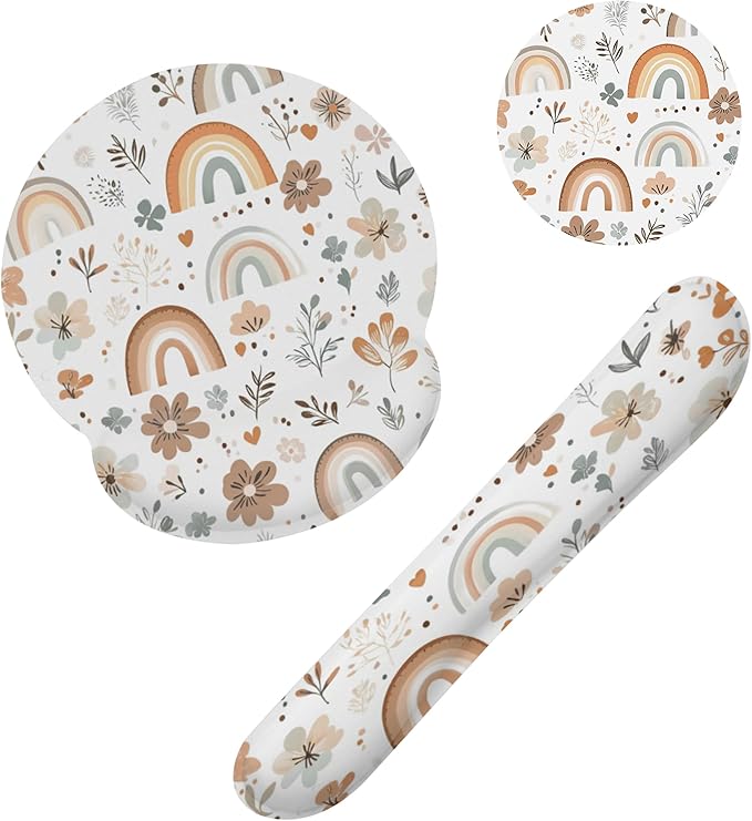 Cute Rainbow Flower Boho Keyboard Wrist Rest Pad Mouse Pad Set,Ergonomic Mousepad Wrist Support Memory Foam Desk Pad for Gaming Office,Non-Slip Rubber Base Easy Typing for Home Office Computers