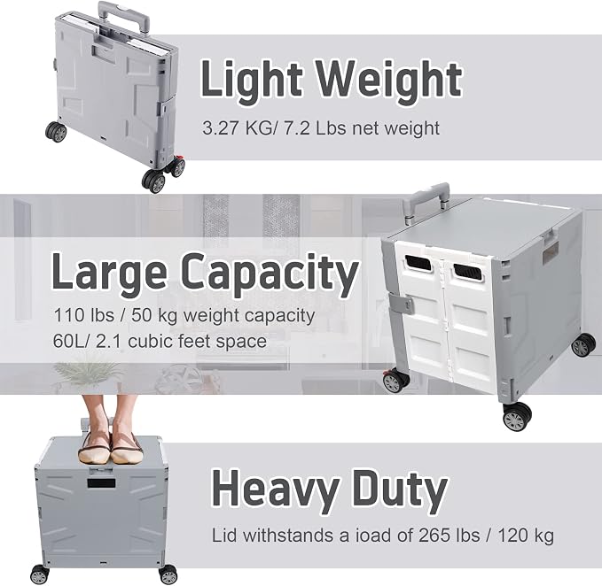 FELICON Folding Utility Cart Rolling Crate Handcart Basket Tote-Gray+White | Collapsible Hidden Lid,Plastic Box,Telescoping Handle,4 Rotate Wheels for Travel Shop Move Grocery Laundry Office Teacher Use