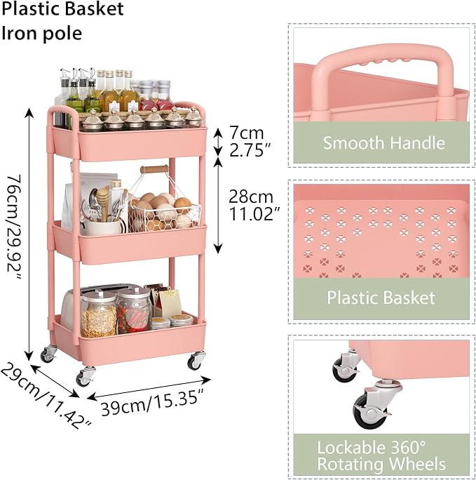 Sywhitta 3-Tier Plastic Rolling Utility Cart with Handle, Multi-Functional Storage Trolley for Office, Living Room, Kitchen, Movable Storage Organizer with Wheels, Pink | Multi-Functional Storage Trolley, for Office, Living Room, Kitchen, Bathroom,Mova...