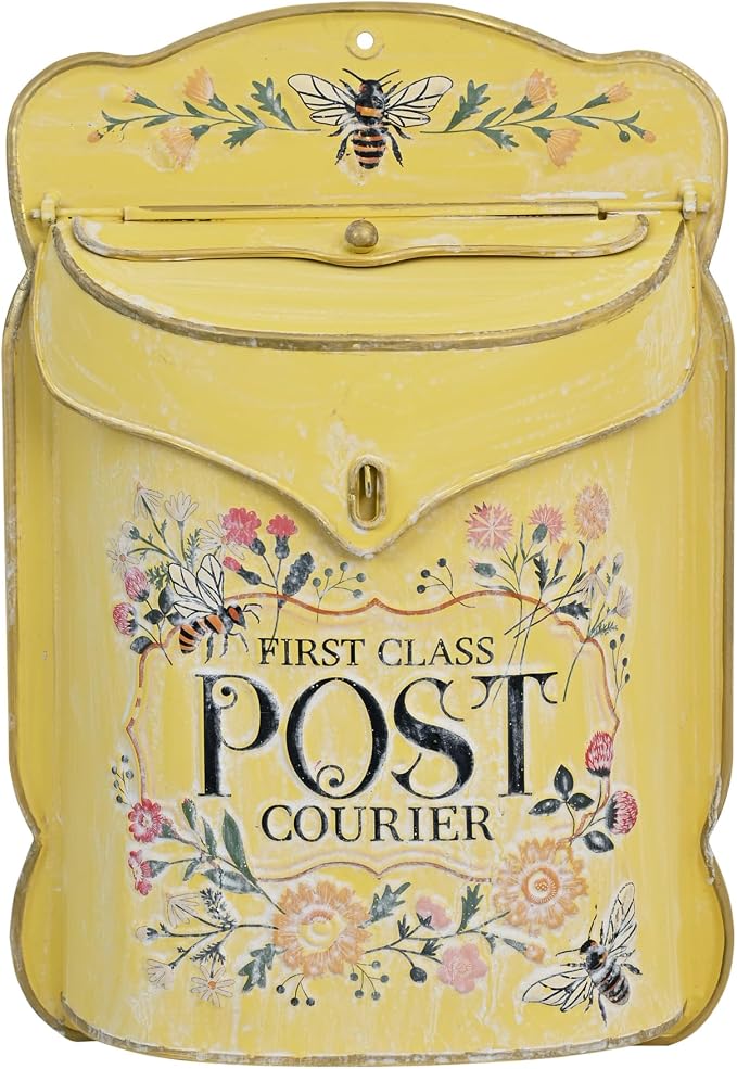 Wall Mount Mailbox for Outside Vintage Mail Boxes for House Outside Metal Door Mailbox Drop Box Antique Style Nostalgic Charm Home Decorative, Flower Pattern, Yellow