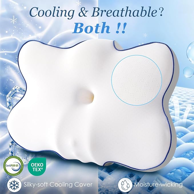 4X Cooling Cervical Pillow for Neck Pain Relief, Patented Side Sleepers | Contour Orthopedic Pillow for Neck Support, Large Ergonomic Memory Foam Bed Pillow for Sleeping, 24.8 x 14.1 x 3.54 / 5.31