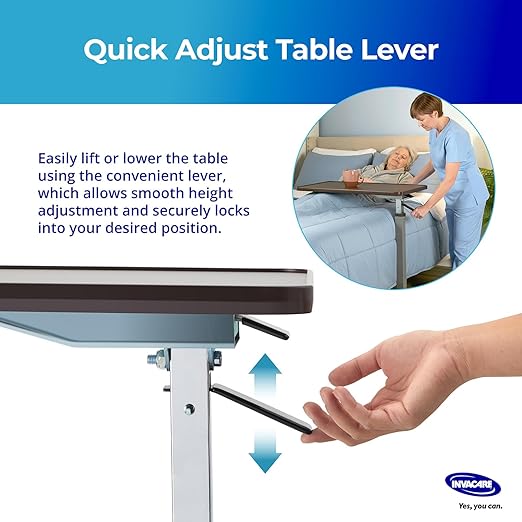 Invacare Bed Table, Height Adjustable & Tilting Overbed Table, Hospital Bedside Table, Medical Rolling Desk with Wheels, Waterproof Medical and Home Use L-Shaped Steel Base Over Bed Tray Table