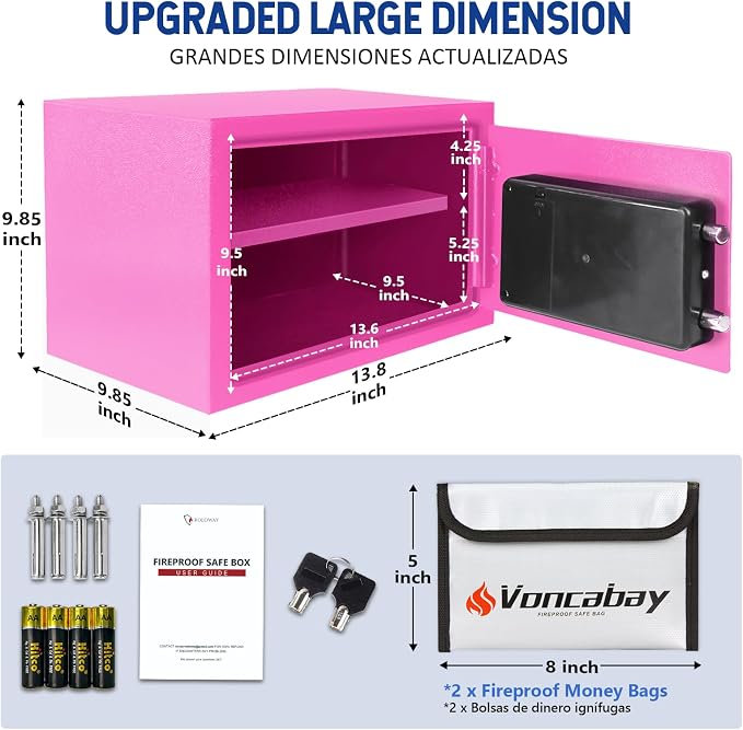 Voncabay Money Safe Box for Home with Digital Keypad, 0.8 Cu. Ft., Pink | Alloy Steel, 2 Fireproof Bags, Digital Keypad with Display, Removable Shelf, Fits A4, 13.8 x 9.85 x 9.85 In.