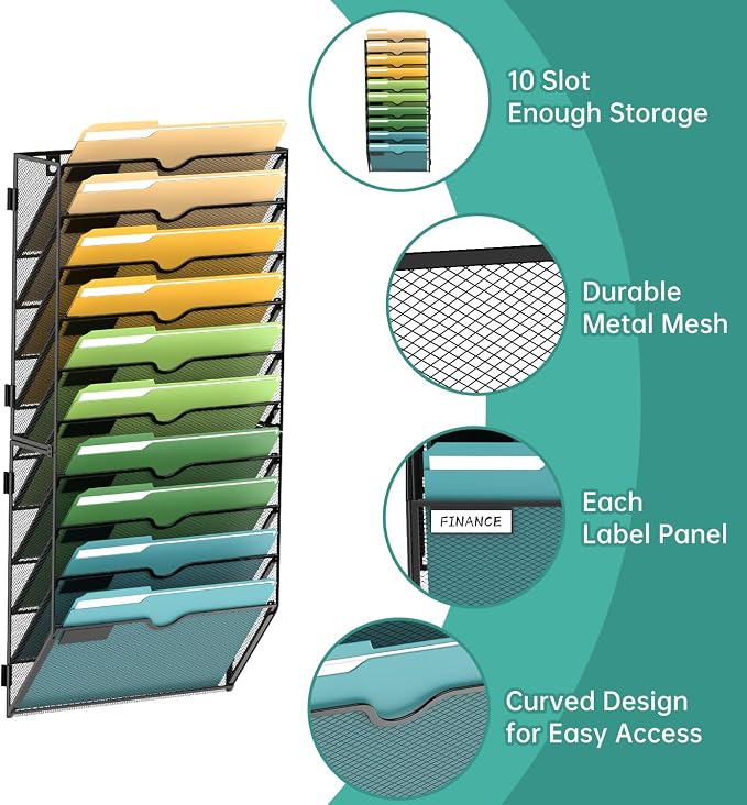 10 Tier Wall File Organizer, Hanging Wall Mounted Mail Organizer with Label Slots, Metal Mesh File Holder Magazine Rack for Office, Home, School or Classroom, Black