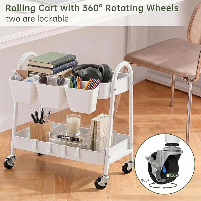 2-Tier Rolling Cart, Utility Cart Mobile Metal Rolling Storage Cart with Lockable Wheels & Hanging Cups & Hooks for Kitchen, Bathroom, Office, Workshop, Purple
