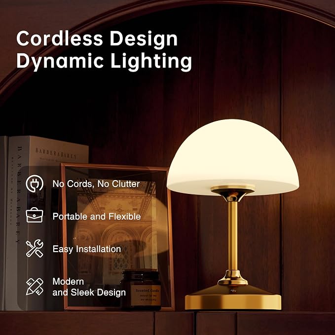 Mushroom Lamp Cordless Lamp Table Lamp,Outdoor Waterproof Shower Lamps,5000mAh Rechargeble Battery Operated Dimmable Touch Desk Lamps,LED Night Light for Bathroom Patio Camping Outdoor(Gold)