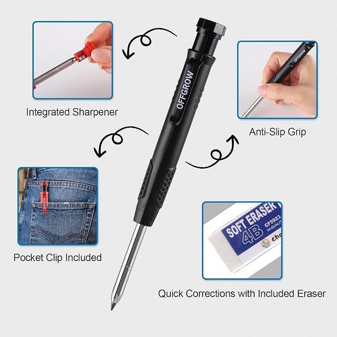 2-Pack Mechanical Carpenter Pencils Set with Refills and Case | 2.8 mm Refills, Built-in Sharpener, 48 mm Deep-Hole Marker, Storage Case, for Wood Metal Concrete Glass