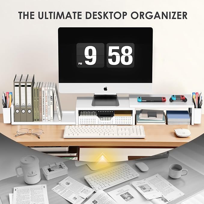Desk Organizers and Accessories, Dual Monitor Stand Riser with Drawer and 2 Pen Holders, Desk Shelf Computer Racks for Office Workspace Organizers, Desktop Organization (White)