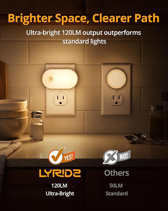 Lyridz Plug in Night Light with Motion Sensor, 120LM Superior Bright Smart Mini LED Nightlight, Warm White with Stepless Adjustable Brightness for Bathroom, Bedroom, Kitchen, Stairs, Hallway, 2 Pack