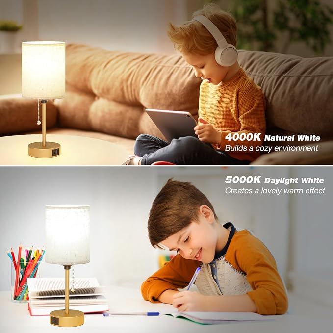 Small Bedside Table Lamp for Bedroom, Desk Lamp with USB Ports for Dorm | USB A+C Ports, AC Outlet, 3 Color Temperatures, LED Bulb Included, Linen-Fabric Shade, Gold Brass Base, 14" Night Stand Lamp