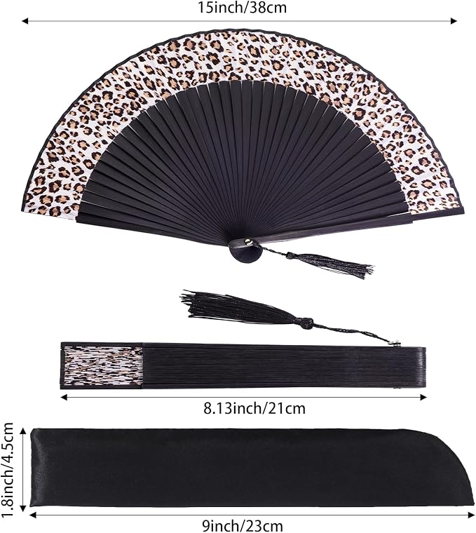 Wobe Hand Held Bamboo Silk Folding Fan, Chinese Japanese Handheld Fan with Tassel Wooden Charming Elegant Vintage Retro Style for Women Ladys Girls Dance Party Home Decorations (Leopard)
