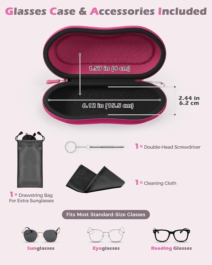 ProCase Sunglasses Case, Hard Shell Glasses Case for Men Women -Raspberry | Travel Shockproof Eyeglass Case with Metal Hanging Hook and Velvet Lining, Zipper Sport Glasses Holder Organizer for Gifts