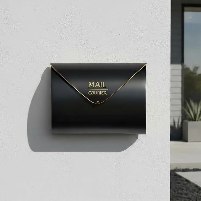 Black Wall Mount Mailbox for Outside,Waterproof Metal Mailboxes with Rust-Proof Galvanized Steel,Large Capacity Envelope Mailbox for House,12.99 x 10.35 x 3.5 Inch