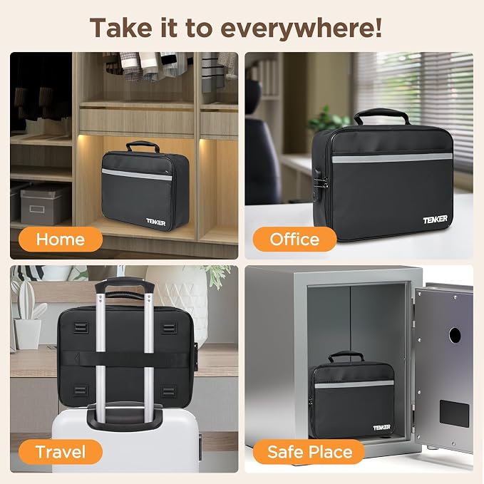 Document Bag with Lock, Fireproof File Storage Case with Water-Resistant, TENKER Organizer Box for Document, Safe Portable Travel Home Organizer for Laptop, Files, Certificates, Black(15''x11''x4'')