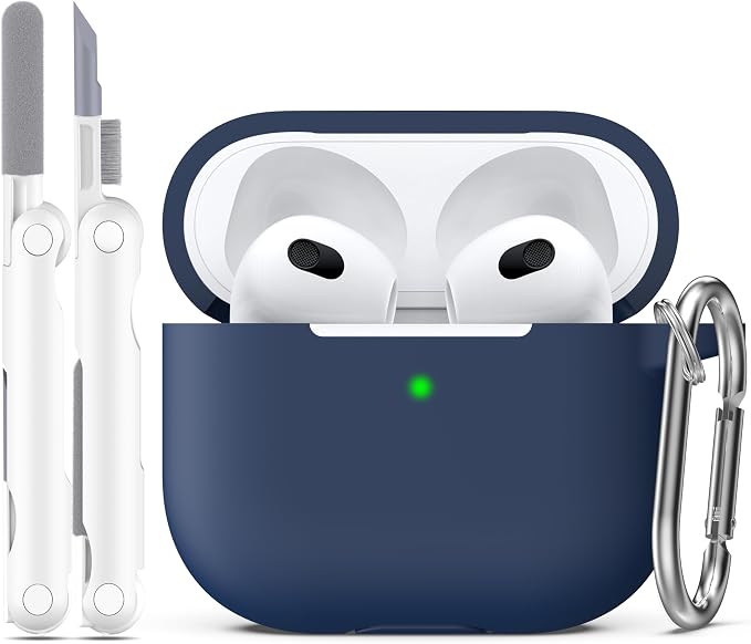 R-fun Compatible with AirPods 3 Case Cover, Silicone Protective Accessories Skin with Keychain Compatible with Apple AirPod 3rd Generation 2021 for Women Men Girls Boys,Front LED Visible,Midnight blue