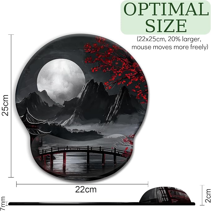 LIMKRIAN Mouse Pad with Gel Wrist Rest, 9.8 x 8.6 in, Japanese Full Moon | Ergonomic Wrist Support, Non-Slip PU Base, Pain Relief, Japanese Style Office Home Desk Accessories Decor